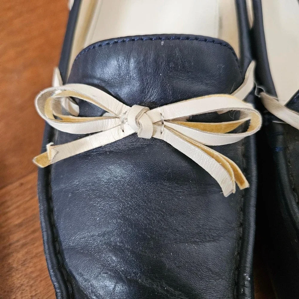 Vintage American Living Navy Blue Leather Bow Loafers Driving Shoes Womens 9.5